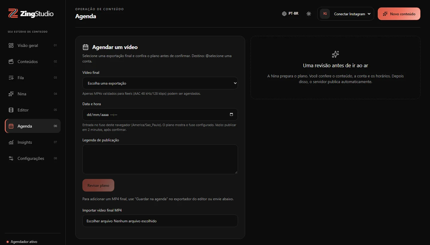 Tela de agenda do ZingStudio para escolher o vídeo final, a data, o horário e a legenda da publicação.